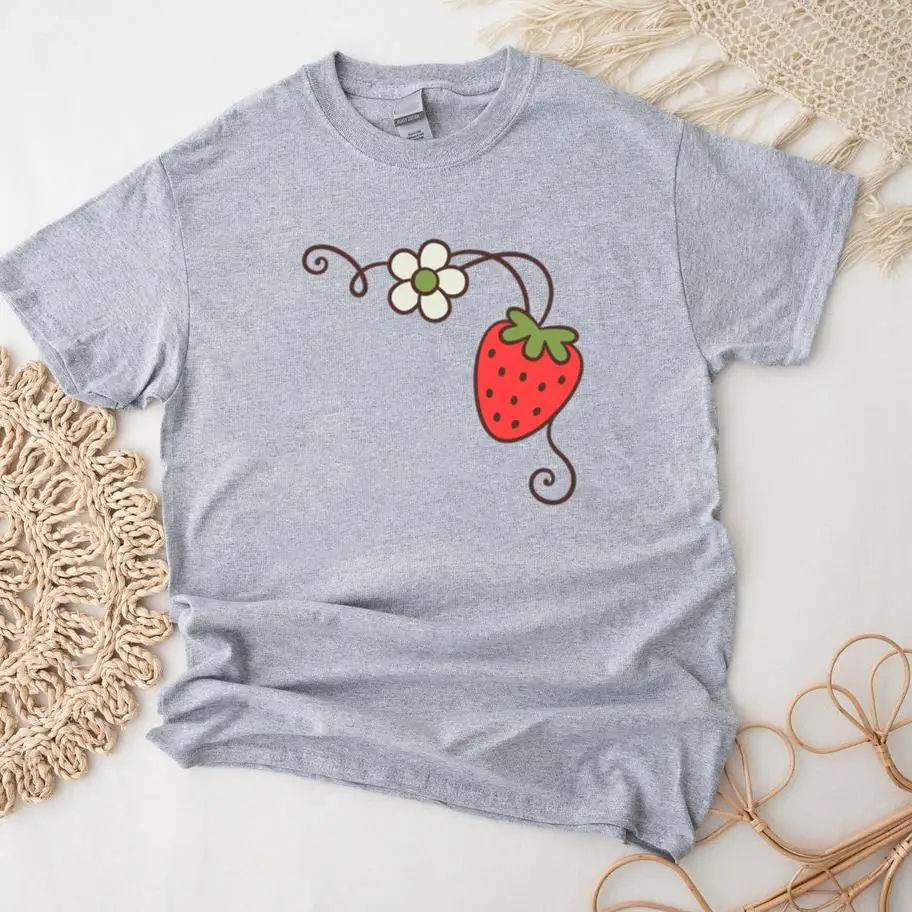 Strawberry And Flower Frame Design T-Shirt
