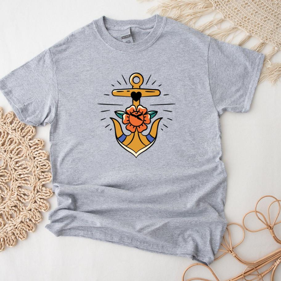 Vintage Anchor And Flower Illustration T-Shirt