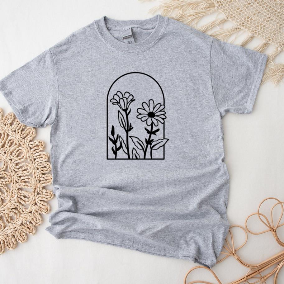 Vintage Botanical Outline Art Design Featuring Daisies And Flower Buds T Shirt Design T-Shirt
